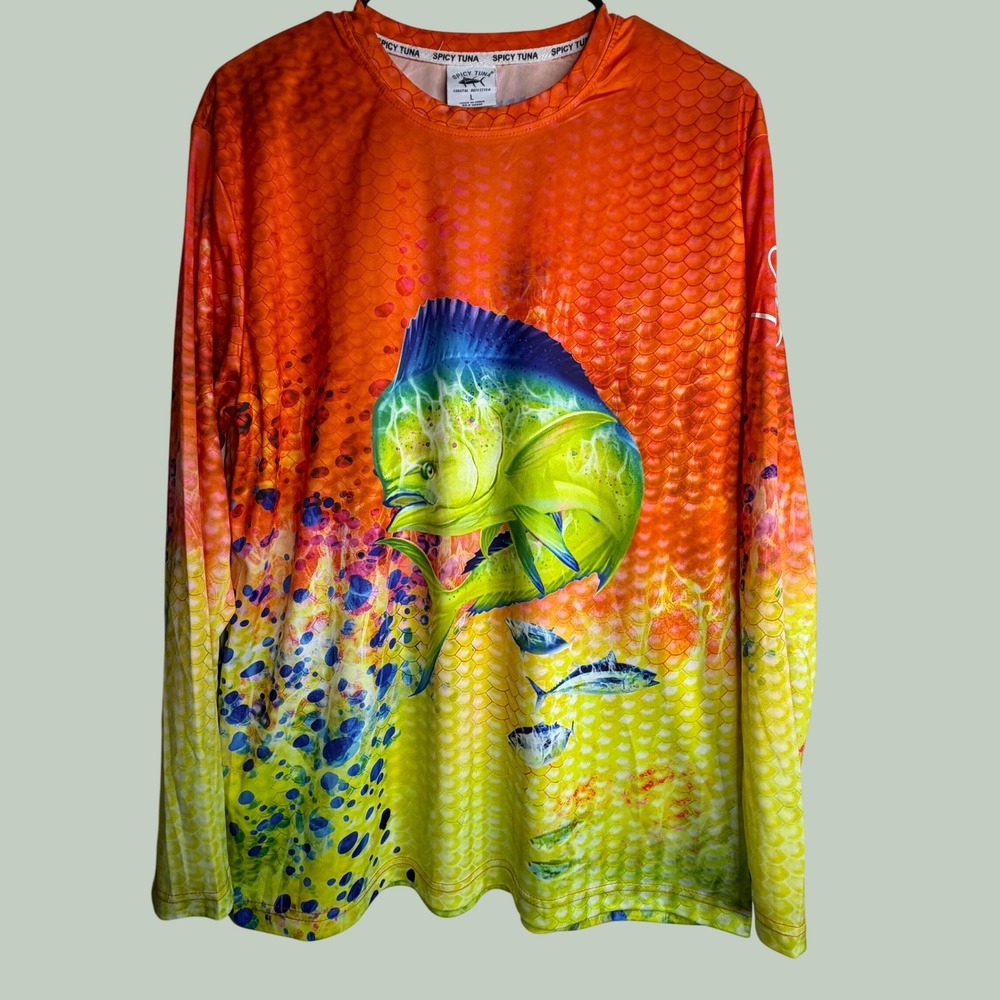 Spicy Tuna Coastal Outfitter Mahi Mahi Fishing Shirt Orange Yellow Mens Large